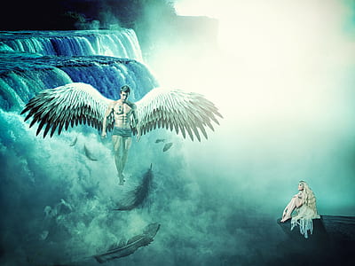 woman sitting on rock formation looking up at winged man flying above fogs beside waterfalls thumbnail