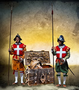 two soldiers standing holding spears beside chest box thumbnail