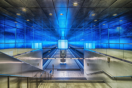 brown concrete stair and glass background lighted blue thumbnail