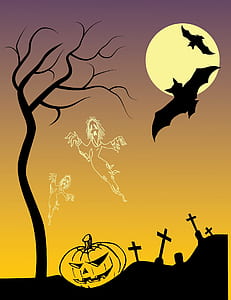 silhouette of trees with pumpkins Halloween-themed illustration thumbnail