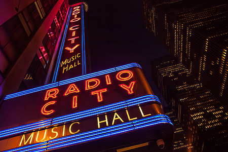 Wide-angle shot of the famous Radio City music hall in Manhattan, New York City thumbnail