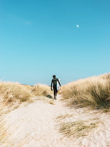 man carrying surfboard towards beach thumbnail