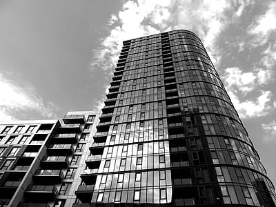 black-and-white, city, sky, clouds thumbnail