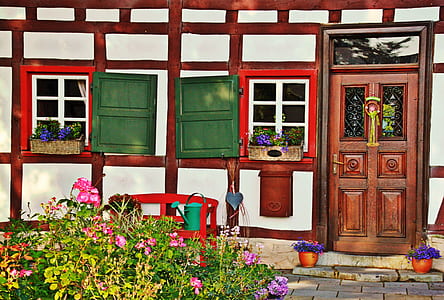 pink and purple flowers beside white house with brown wooden door thumbnail