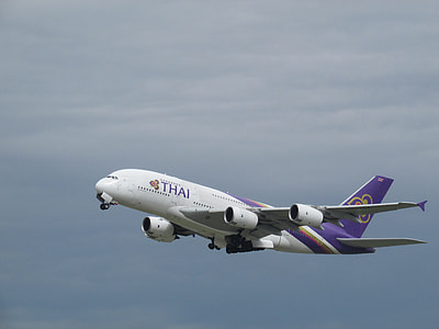 white and purple Thai airliner on flight thumbnail
