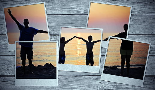 silhouette of family holding hands near body of water during golden hour collage photo thumbnail