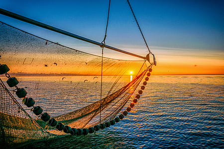black fish net over body of water during golden hour thumbnail