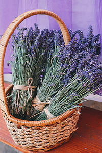 purple flowers in brown wicker basket thumbnail