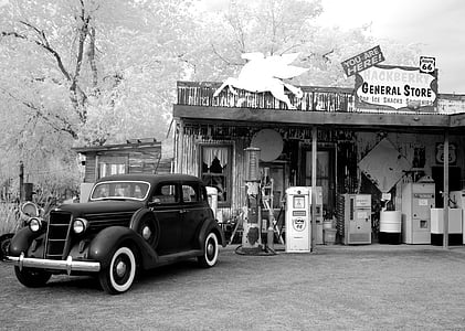 vintage car in grayscale photography thumbnail