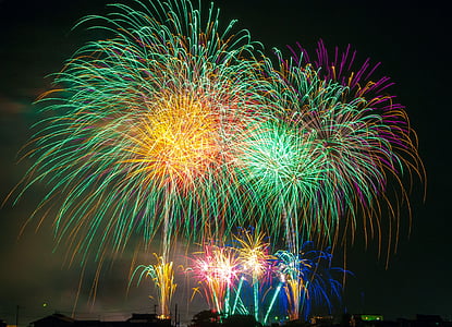 green, purple, and yellow fireworks photo during nighttime thumbnail