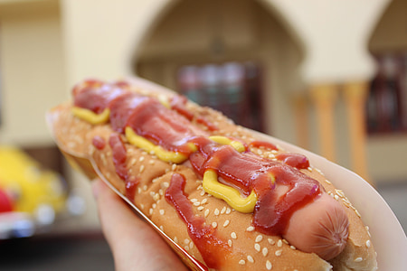 close-up of hotdog sandwich with ketchup thumbnail