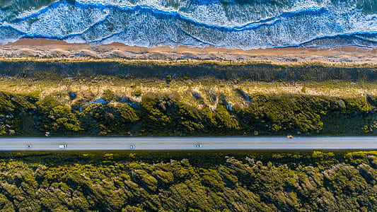 birds eye photography of moving vehicles on road near seashore thumbnail