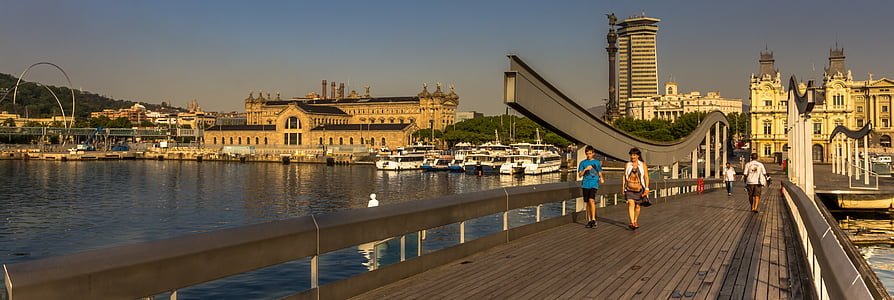 panoramic photography of two people walking on bridge thumbnail