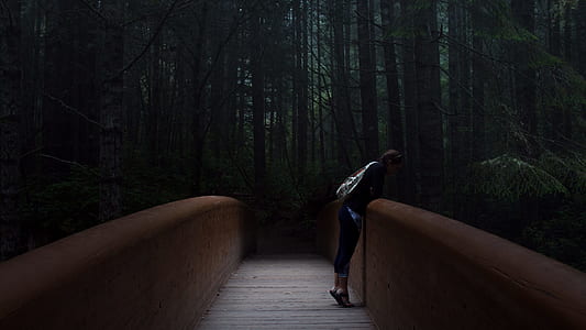 low-light photography of woman standing and leaning on bridge thumbnail