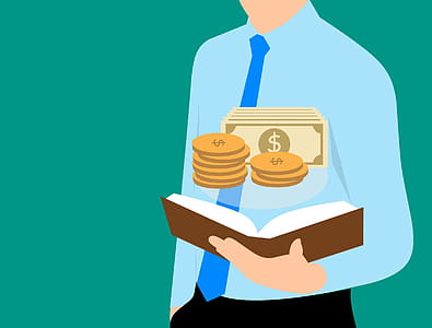 Man holding open book with finance concept emerging. Money, coins and bills. thumbnail