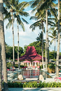 red concrete gazebo and green palm tress thumbnail