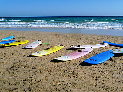 assorted-color surfboards on sea shore thumbnail
