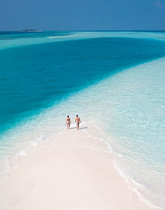 man and woman walking in seashore at daytime thumbnail