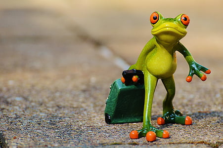 green and orange frog holding green luggage figurine thumbnail
