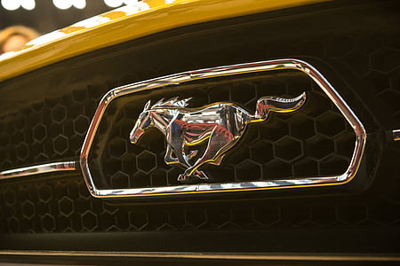 selective focus photography of yellow Ford Mustang emblem thumbnail