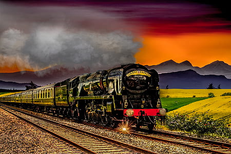 black and yellow train during sunset illustration thumbnail