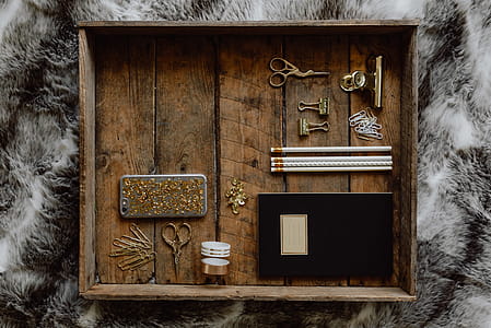 Office accessories on an old wooden tray thumbnail