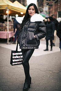 woman wearing black bubble jacket and pants thumbnail