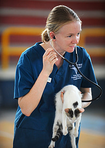 woman wearing blue US Army scrub shirt holding white cat and wearing stethoscope thumbnail