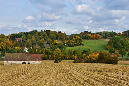 white building near brown field and green trees under blue sky and white clouds during daytime thumbnail