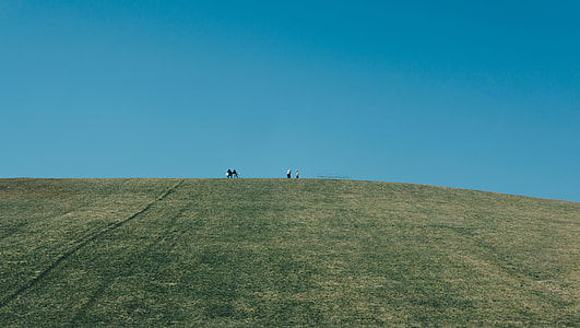people walking on green field under clear sky thumbnail
