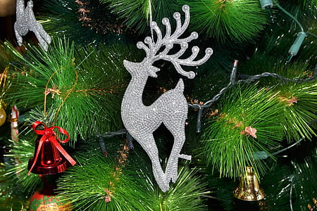 closeup of Christmas tree with bells and deer ornaments thumbnail