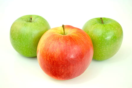 one red and two green Granny smith apples thumbnail