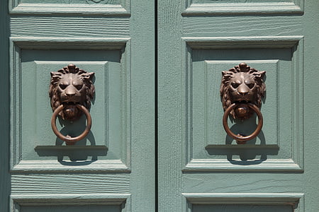 two teal wooden doors with lion door knocker thumbnail