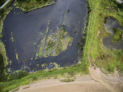 aerial photography of pond near road during daytime thumbnail