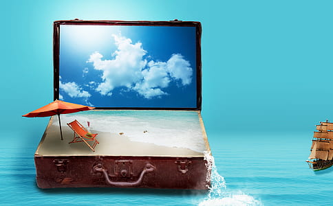 brown suit case with sand and beach waters afar brown ship miniature thumbnail