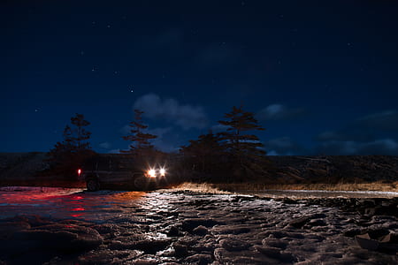 vehicle with turned on lights on ground beside tree during night time thumbnail