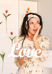woman wearing white floral dress with Love text overlay thumbnail