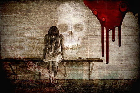 skull print with blood and girl sitting on a bench thumbnail