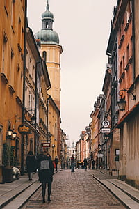 people walking on street between buildings thumbnail