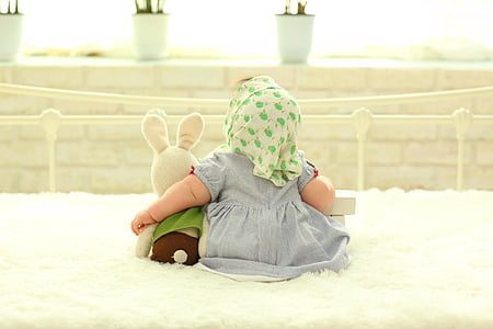 baby's gray dress near bunny plush toy thumbnail