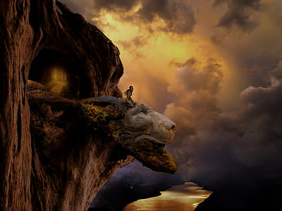 woman kneeling on cliff digital wallpaper thumbnail