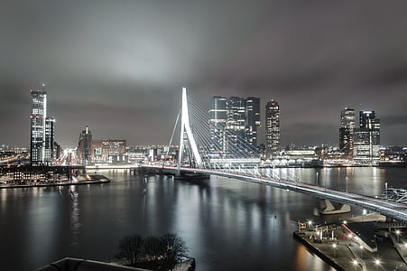 lighted concrete bridge at night thumbnail