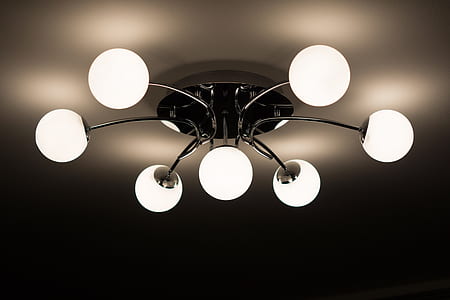 Silver Flush Mount Ceiling Light With Seven White Globe Lights thumbnail