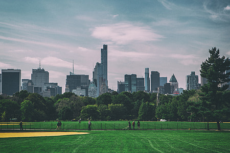 Wide-angle shot taken in Central Park, New York City. The skyscrapers of Manhattan can be seen in the background.  thumbnail
