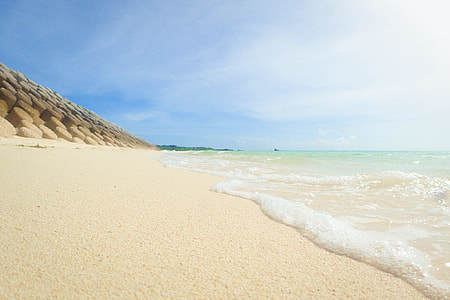 beige sands seashore under blue and white clear sky during daytime thumbnail