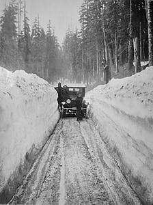 grayscale photo of vehicle between snow at daytime thumbnail