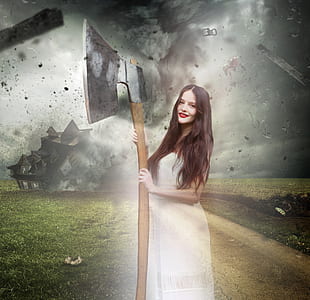 woman wearing white dress holding ax wallpaper thumbnail