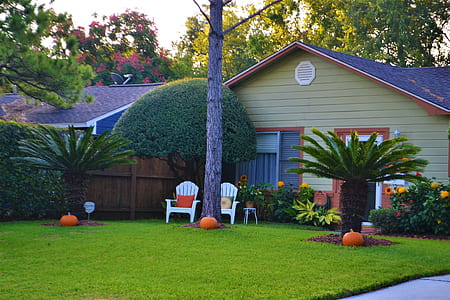 gray and brown house with green grass garden thumbnail