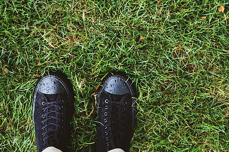 person wearing black low-top sneakers while standing on green grass thumbnail
