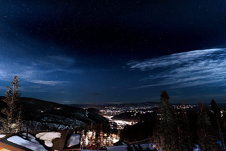 aerial photo of city beside mountains during nighttime thumbnail